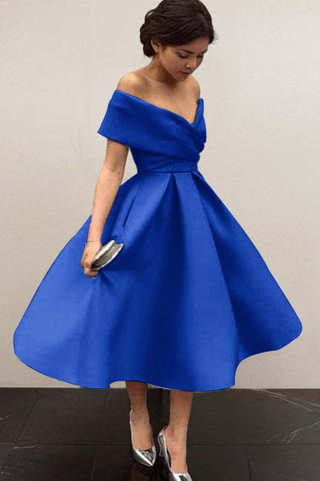 Off-Shoulder Satin Tea-Length Bridesmaid Dress-Bridelily Off-Shoulder Satin Tea-Length Bridesmaid Dress-Bridelily