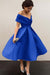 Bridelily A-Line Sleeveless Off-the-Shoulder Satin With Ruffles Tea-Length Dresses - Prom Dresses