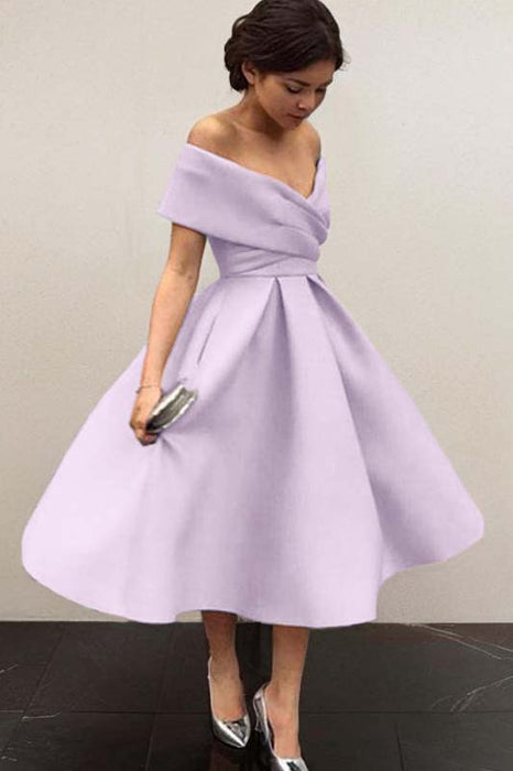 Off-Shoulder Satin Tea-Length Bridesmaid Dress-Bridelily Off-Shoulder Satin Tea-Length Bridesmaid Dress-Bridelily