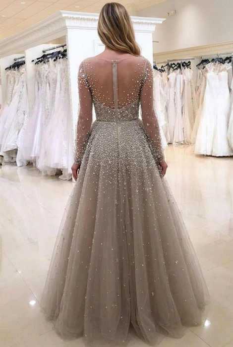 Bridelily A-line Long Sleeves V-neck Floor-length Tulle Pearls Prom Dresses