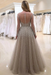 Bridelily A-line Long Sleeves V-neck Floor-length Tulle Pearls Prom Dresses