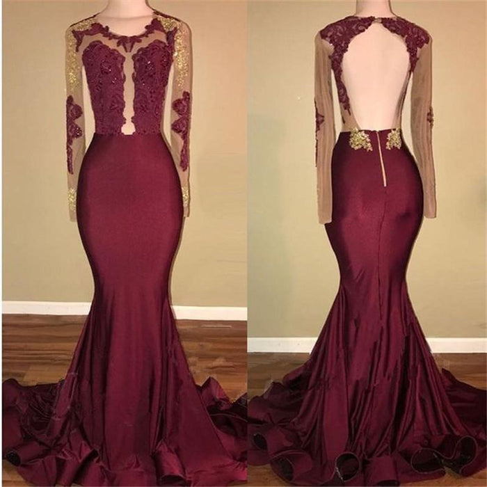 Bridelily Amazing Burgundy Gold Prom Dresses | Sexy Open Back Mermaid Evening Gowns - Prom Dresses