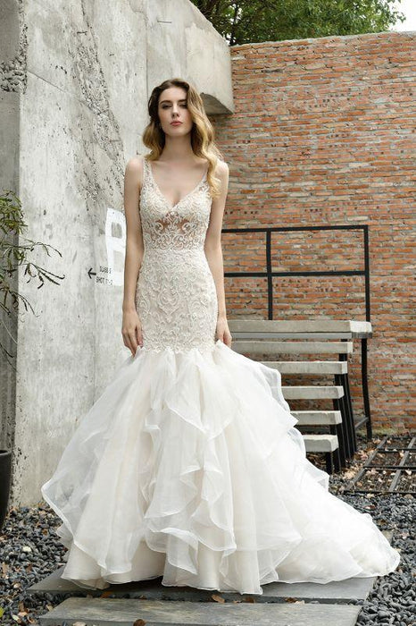 Bridelily Amazing Tulle Lace Sleeveless Mermaid Wedding Dress - wedding dresses
