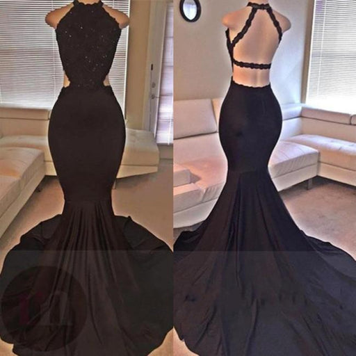 Bridelily Backless Mermaid Lace Sleeveless Black Long Prom Dresses ly149 - Prom Dresses