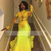 Bridelily Beautiful High-Neck Yellow Long-Sleeve Lace Appliques Mermaid Prom Dress - Prom Dresses