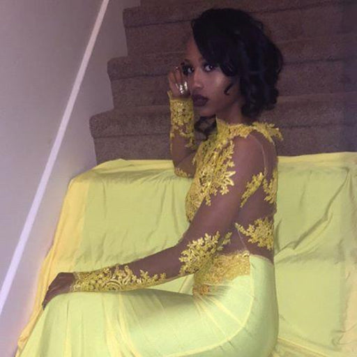 Bridelily Beautiful High-Neck Yellow Long-Sleeve Lace Appliques Mermaid Prom Dress - Prom Dresses