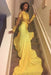 Bridelily Beautiful High-Neck Yellow Long-Sleeve Lace Appliques Mermaid Prom Dress - Prom Dresses