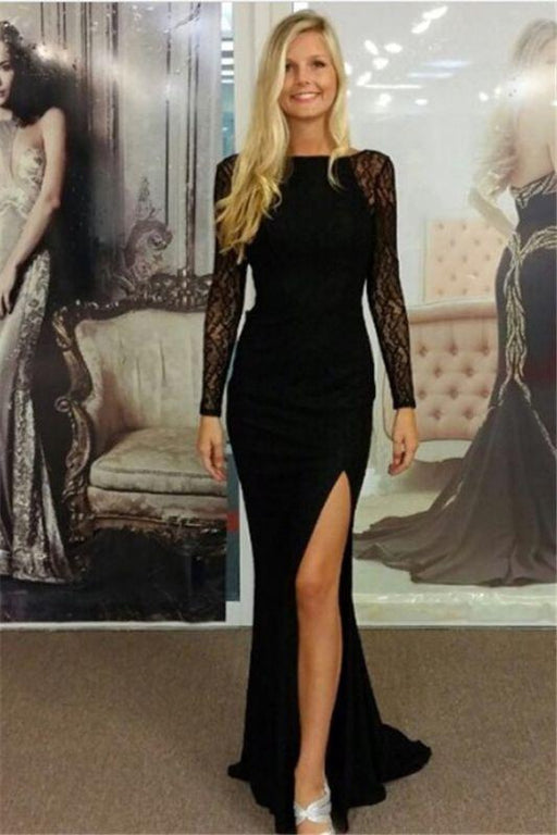 Bridelily Black Bateau Spandex Evening Dresses Backless Long Sleeves 2019 Prom Dresses - Prom Dresses