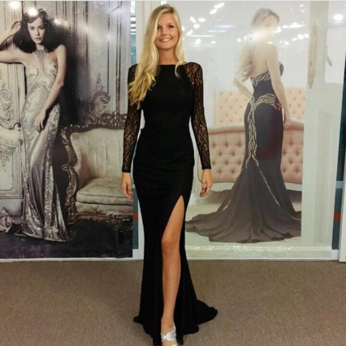 Bridelily Black Bateau Spandex Evening Dresses Backless Long Sleeves 2019 Prom Dresses - Prom Dresses