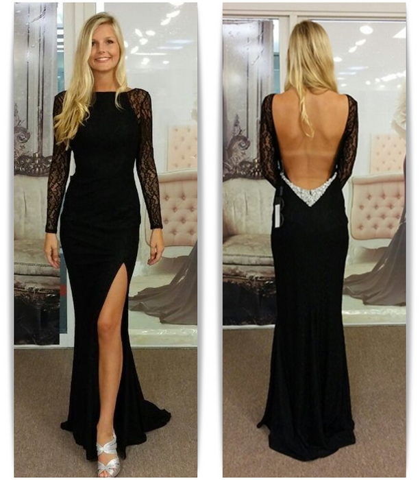 Bridelily Black Bateau Spandex Evening Dresses Backless Long Sleeves 2019 Prom Dresses - Prom Dresses