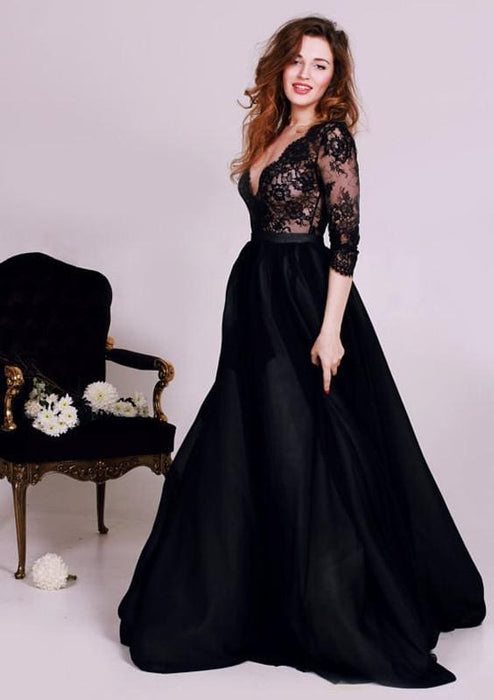 Black Deep V-Neck Simple Long Prom Dresses Cheap - Bridelily Black Deep V-Neck Simple Long Prom Dresses Cheap - Bridelily