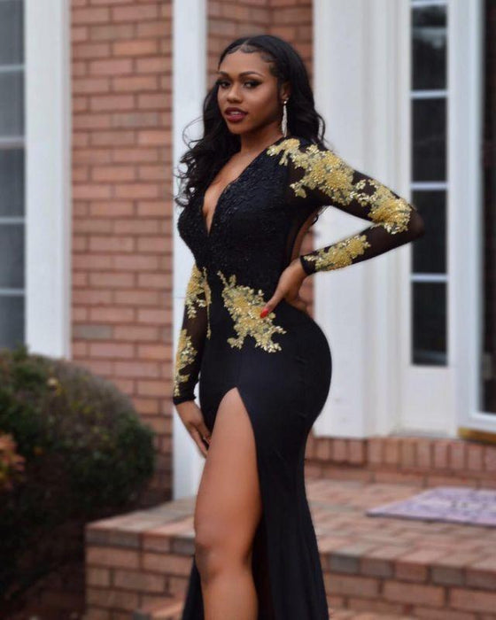 Bridelily Black Long Sleeve Prom Dress | 2019 Gold Appliques Mermaid Evening Dress - Prom Dresses