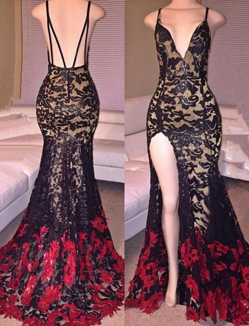 Bridelily Black Red Lace Spaghettis-Straps Side-Slit Mermaid Prom Dresses - Prom Dresses