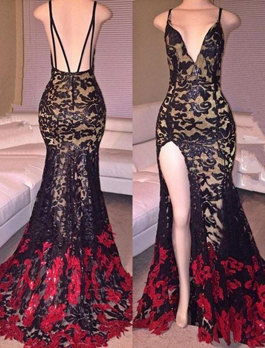 Bridelily Black Red Lace Spaghettis-Straps Side-Slit Mermaid Prom Dresses - Prom Dresses