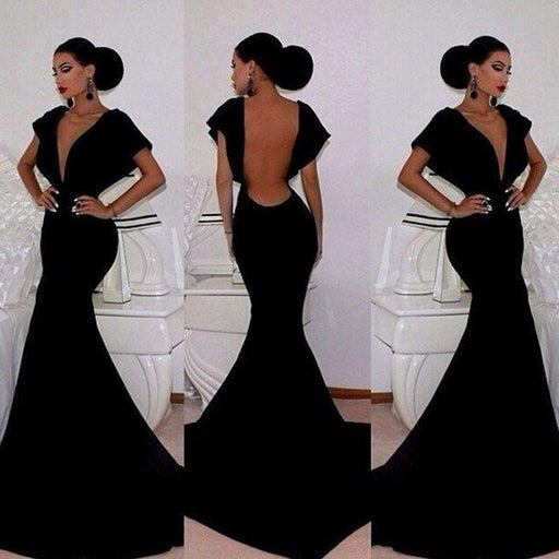 Bridelily Black Velvet Prom Dresses Short Sleeve Deep V-Neck Elegant Mermaid Evening Gowns 2019 - Prom Dresses
