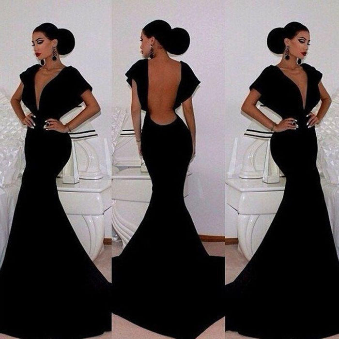 Bridelily Black Velvet Prom Dresses Short Sleeve Deep V-Neck Elegant Mermaid Evening Gowns 2019 - Prom Dresses