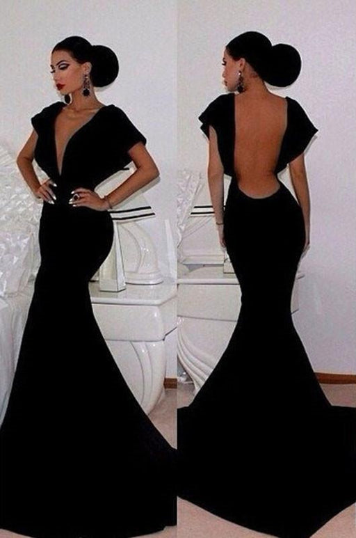 Bridelily Black Velvet Prom Dresses Short Sleeve Deep V-Neck Elegant Mermaid Evening Gowns 2019 - Prom Dresses