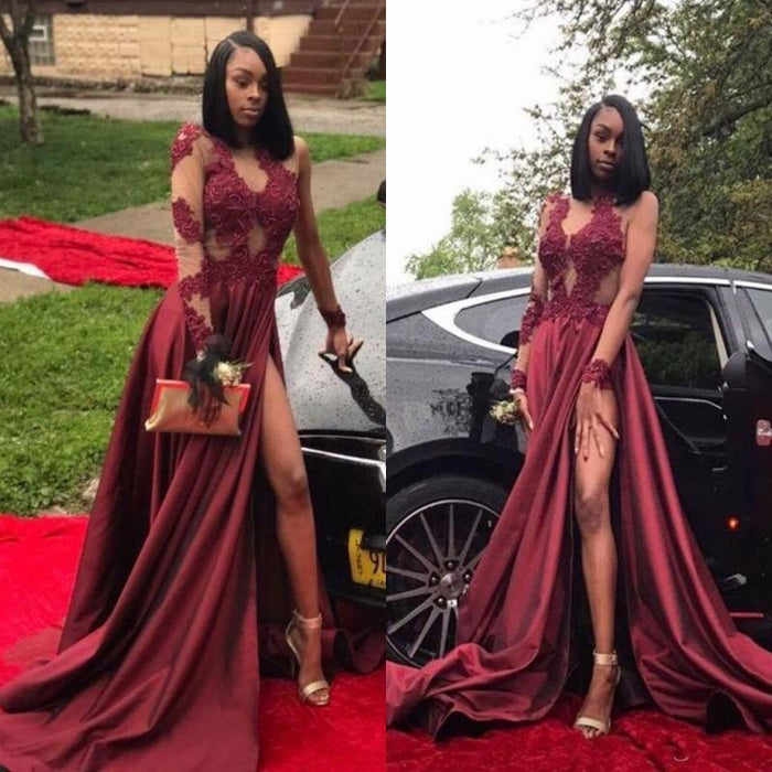 Bridelily Burgundy A-Line Long Sleeves Prom Dresses 2019 Appliques Side Slit Evening Dresses SK0107 - Prom Dresses