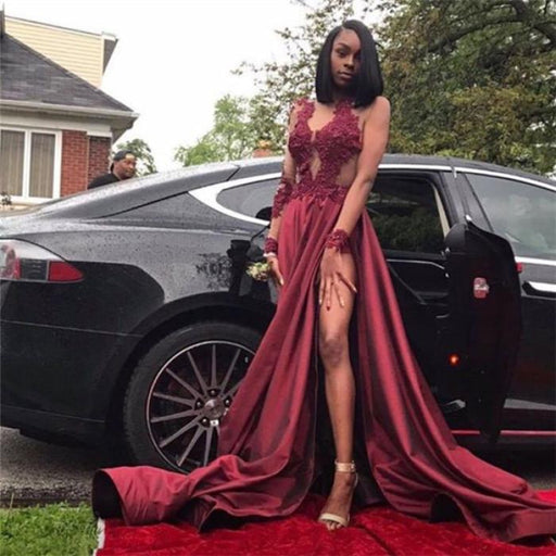 Bridelily Burgundy A-Line Long Sleeves Prom Dresses 2019 Appliques Side Slit Evening Dresses SK0107 - Prom Dresses