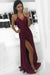 Bridelily Burgundy Halter-V-Neck Backless A-line Side-Slit Prom Dresses - Prom Dresses