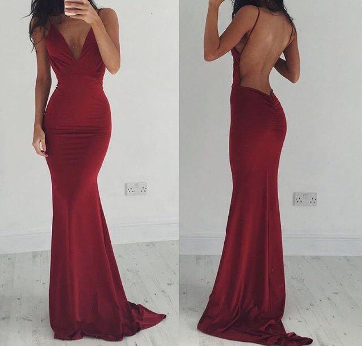 Bridelily Burgundy Spaghettis-Straps Backless Sheath Prom Dresses - Prom Dresses
