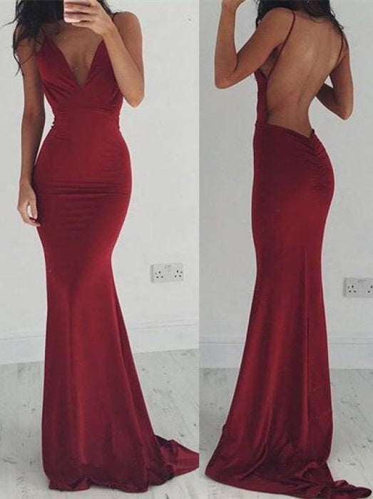 Bridelily Burgundy Spaghettis-Straps Backless Sheath Prom Dresses - Prom Dresses