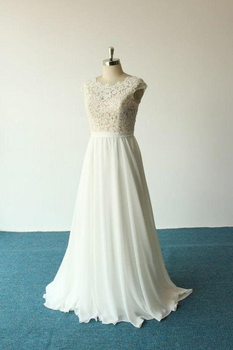 Bridelily Cap Sleeve Lace Chiffon A-line Wedding Dress - wedding dresses