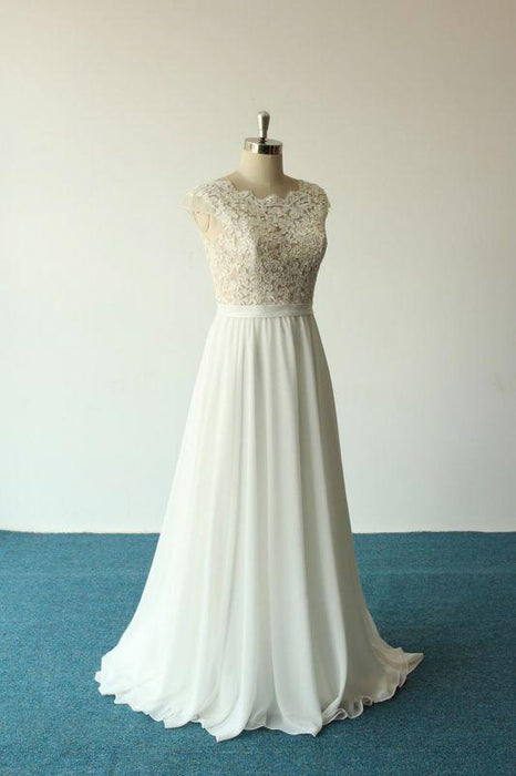 Bridelily Cap Sleeve Lace Chiffon A-line Wedding Dress - wedding dresses