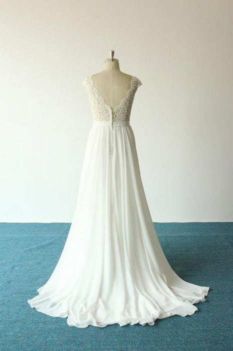 Bridelily Cap Sleeve Lace Chiffon A-line Wedding Dress - wedding dresses
