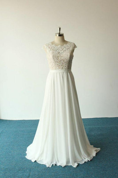 Bridelily Cap Sleeve Lace Chiffon A-line Wedding Dress - wedding dresses