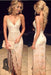 Bridelily Champagne Lace Spaghettis-Straps Side Slit Open-Back Sheath Prom Dresses - Prom Dresses