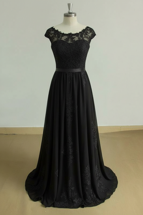 Bridelily Chic Cap Sleeve Lace Chiffon A-line Wedding Dress - wedding dresses