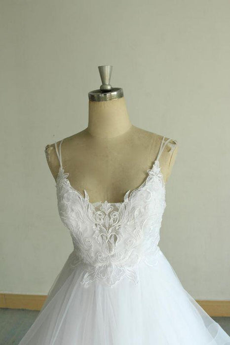 Bridelily Chic Strap Spaghetti Appliques Tulle Wedding Dress - wedding dresses