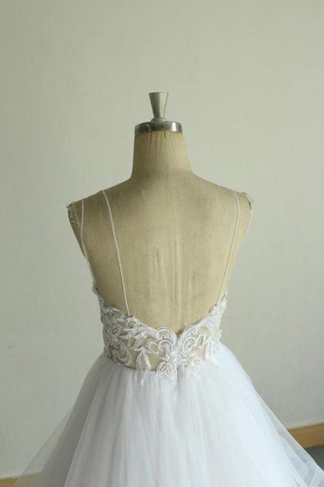 Bridelily Chic Strap Spaghetti Appliques Tulle Wedding Dress - wedding dresses