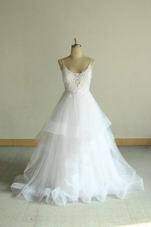 Bridelily Chic Strap Spaghetti Appliques Tulle Wedding Dress - wedding dresses