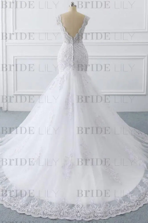 Bridelily Chic V-neck Appliques Mermaid Tulle Wedding Dress - wedding dresses