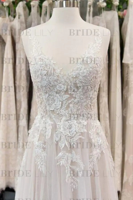 Bridelily Chic V-neck Appliques Tulle A-line Wedding Dress - wedding dresses