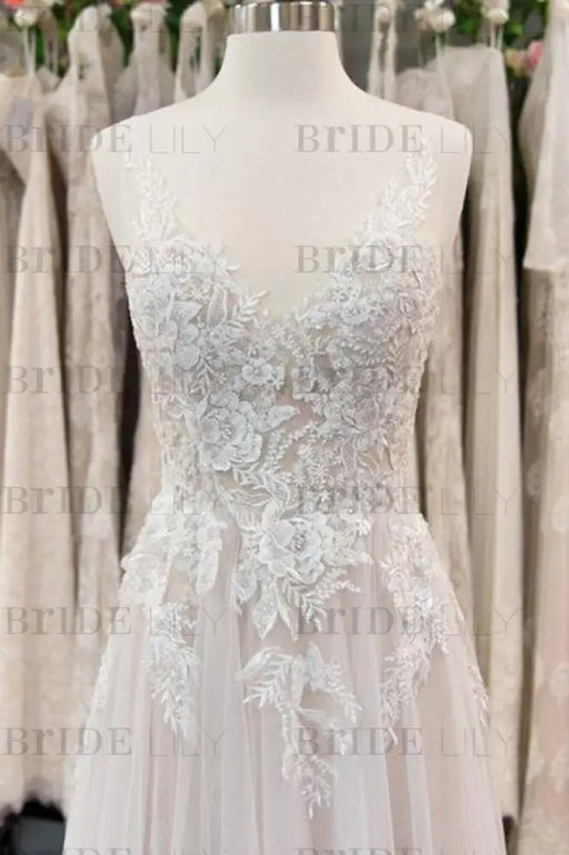 Bridelily Chic V-neck Appliques Tulle A-line Wedding Dress - wedding dresses