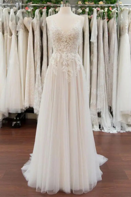 Bridelily Chic V-neck Appliques Tulle A-line Wedding Dress - wedding dresses