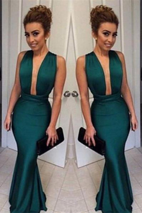 Bridelily Dark Green Mermaid Prom Dresses 2019 Deep V Neck Long Sexy Evening Gowns - Prom Dresses