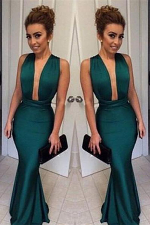 Bridelily Dark Green Mermaid Prom Dresses 2019 Deep V Neck Long Sexy Evening Gowns - Prom Dresses