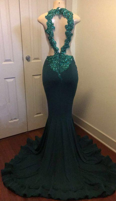 Bridelily Dark Green Sexy Mermaid Crystals Prom Dress | Sparkling Appliques Open Back Real Evening Dress FB0325-MQ0 - Prom Dresses