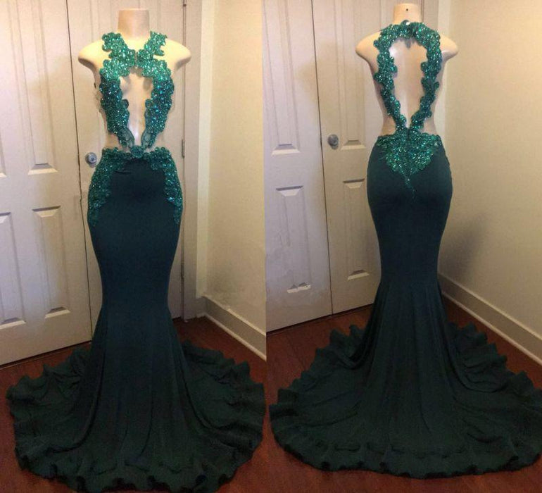 Bridelily Dark Green Sexy Mermaid Crystals Prom Dress | Sparkling Appliques Open Back Real Evening Dress FB0325-MQ0 - Prom Dresses
