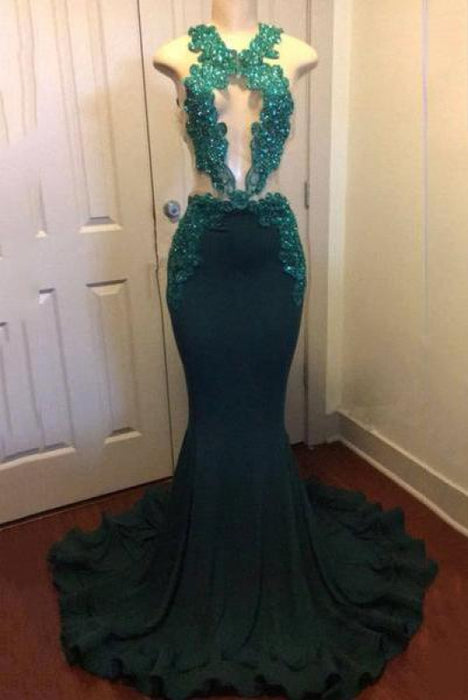 Bridelily Dark Green Sexy Mermaid Crystals Prom Dress | Sparkling Appliques Open Back Real Evening Dress FB0325-MQ0 - Prom Dresses