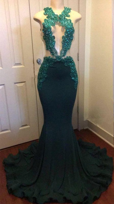 Bridelily Dark Green Sexy Mermaid Crystals Prom Dress | Sparkling Appliques Open Back Real Evening Dress FB0325-MQ0 - Prom Dresses