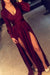 Bridelily Deep V-neck Burgundy Evening Dresses 2019 Long Sleeve Sexy Prom Gowns with Splits CE0060 - Prom Dresses