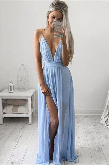 Bridelily Deep V-neck Sexy Evening Dress Spaghetti Straps baby Blue Prom Dresses 2019 CE054 - Prom Dresses