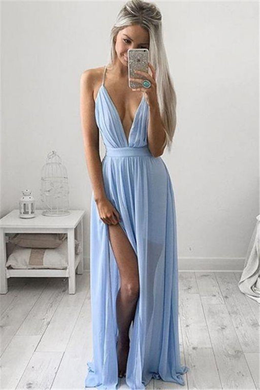 Bridelily Deep V-neck Sexy Evening Dress Spaghetti Straps baby Blue Prom Dresses 2019 CE054 - Prom Dresses