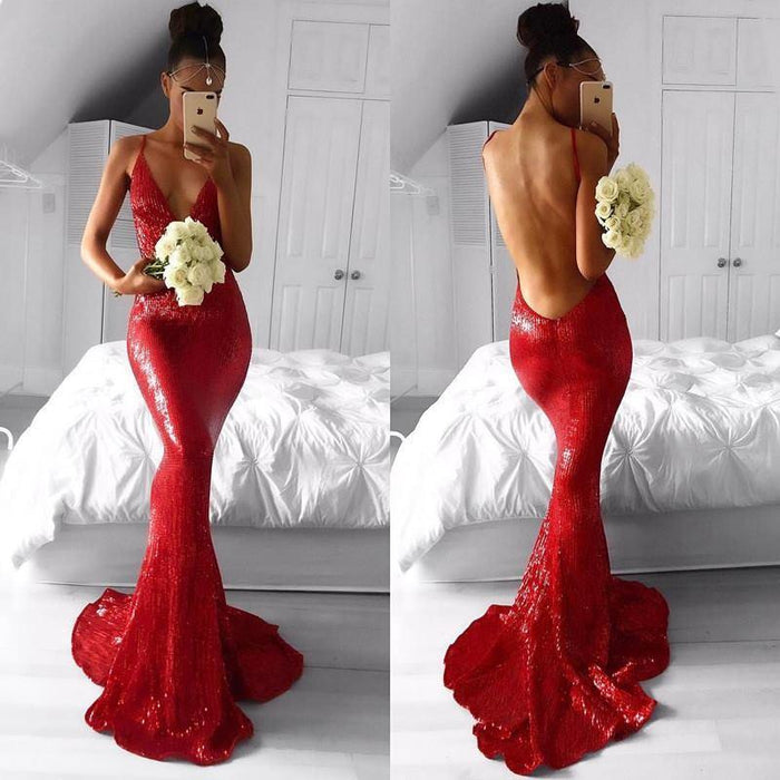 Bridelily Deep V-neck Spaghetti Backless Sequins Floor-length Mermaid Prom Dresses - Prom Dresses