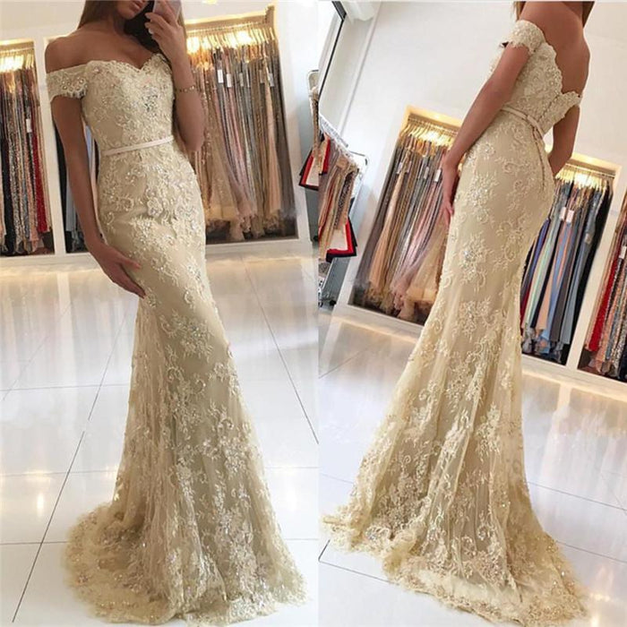 Bridelily Elegant 2019 Lace Mermaid Prom Dresses Off the Shoulder Beading with Belt - Prom Dresses
